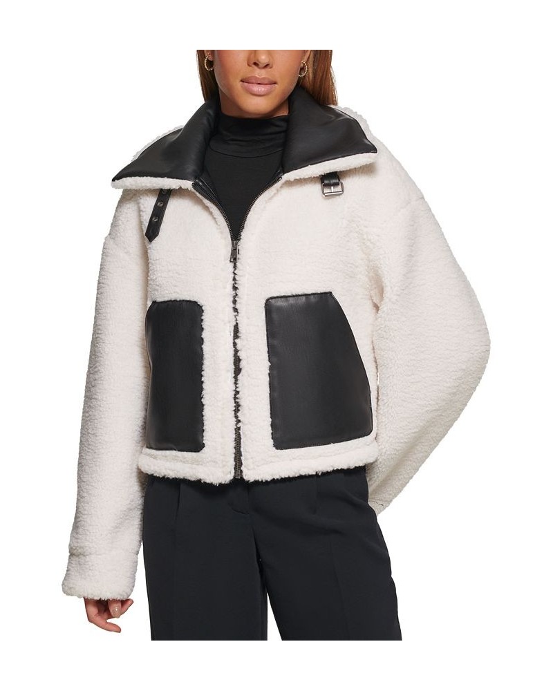 Women's Reversible Faux-Shearling Moto Coat Black Cream $51.00 Jackets