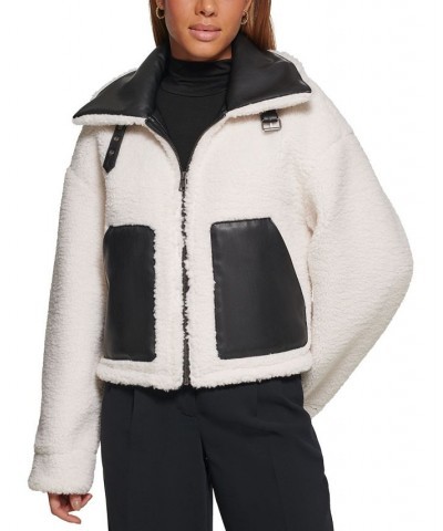 Women's Reversible Faux-Shearling Moto Coat Black Cream $51.00 Jackets