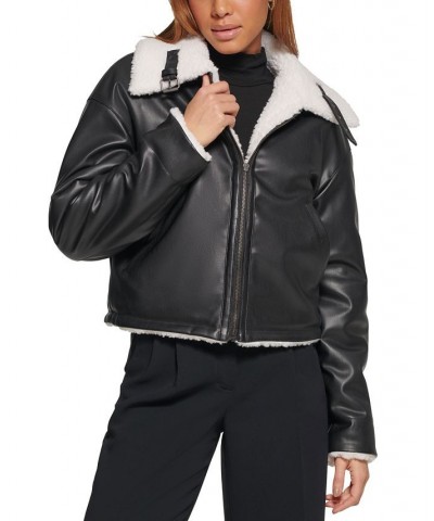 Women's Reversible Faux-Shearling Moto Coat Black Cream $51.00 Jackets