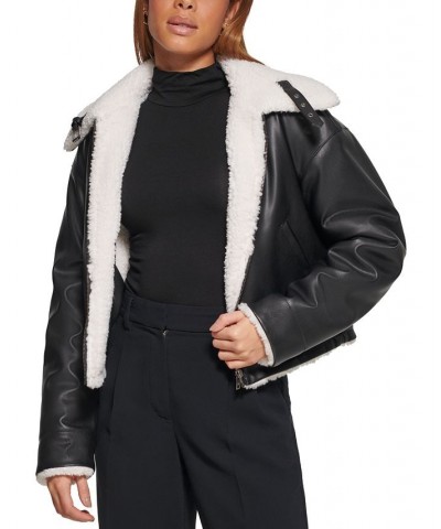 Women's Reversible Faux-Shearling Moto Coat Black Cream $51.00 Jackets