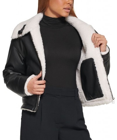 Women's Reversible Faux-Shearling Moto Coat Black Cream $51.00 Jackets