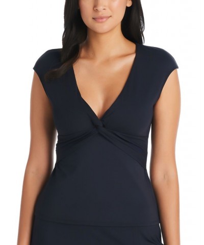 Women's Let's Get Twisted Cap-Sleeve Tankini Top Black $40.59 Swimsuits