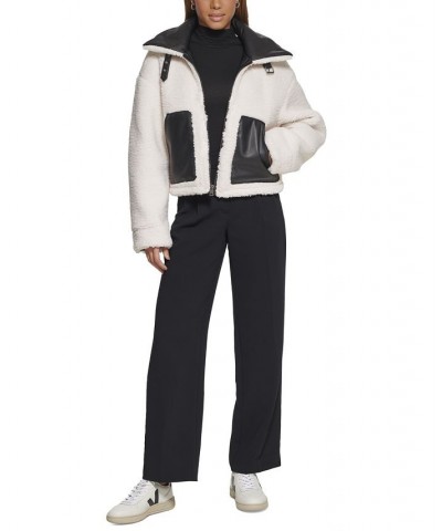 Women's Reversible Faux-Shearling Moto Coat Black Cream $51.00 Jackets