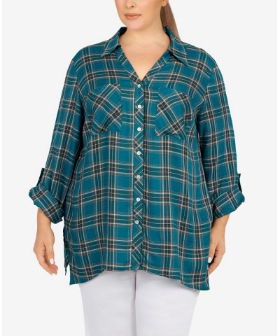 Plus Size Flannel Top Teal Multi $40.70 Tops