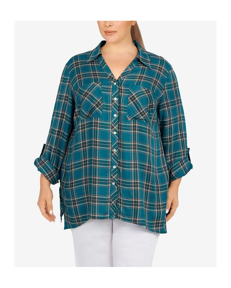 Plus Size Flannel Top Teal Multi $40.70 Tops