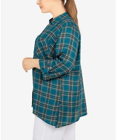 Plus Size Flannel Top Teal Multi $40.70 Tops