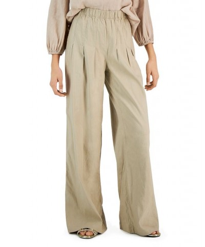 Women's High-Rise Pleated Wide-Leg Linen Pants Tan/Beige $32.31 Pants