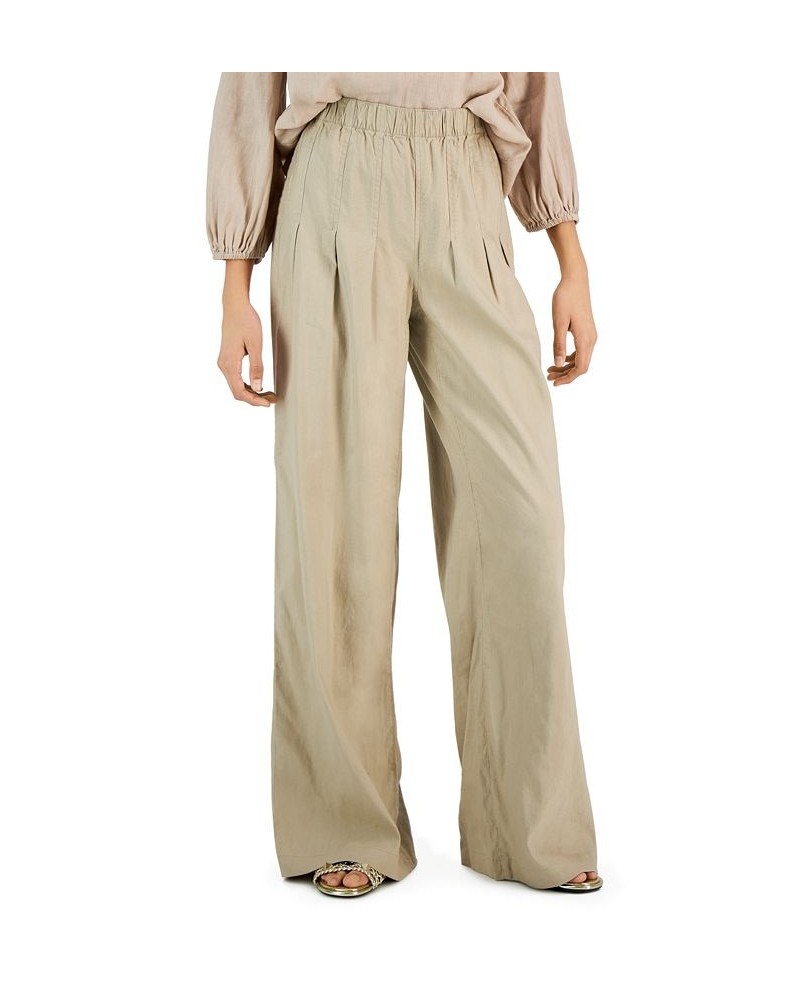 Women's High-Rise Pleated Wide-Leg Linen Pants Tan/Beige $32.31 Pants