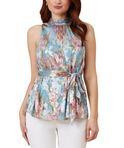 Women's Metallic Mesh Tie-Waist Top Mint Multi $56.99 Tops