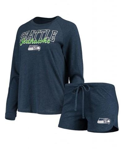 Women's College Navy Seattle Seahawks Meter Knit Long Sleeve Raglan Top and Shorts Sleep Set Navy $37.79 Pajama