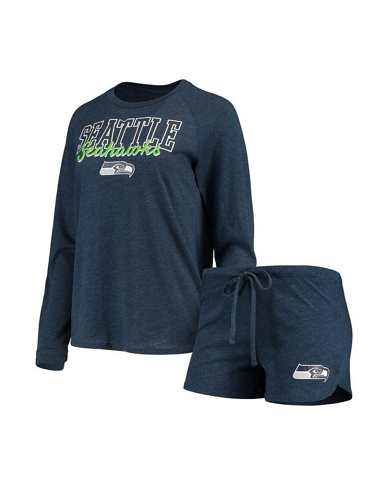 Women's College Navy Seattle Seahawks Meter Knit Long Sleeve Raglan Top and Shorts Sleep Set Navy $37.79 Pajama