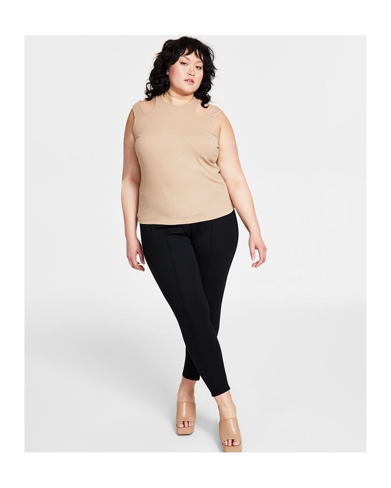 Plus Size Shoulder Cutout Ribbed Tank Top Tan/Beige $27.73 Tops