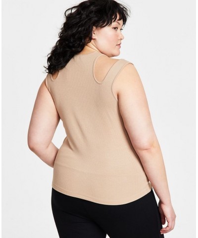 Plus Size Shoulder Cutout Ribbed Tank Top Tan/Beige $27.73 Tops