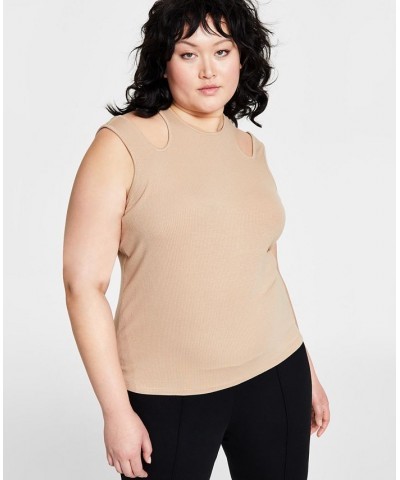 Plus Size Shoulder Cutout Ribbed Tank Top Tan/Beige $27.73 Tops