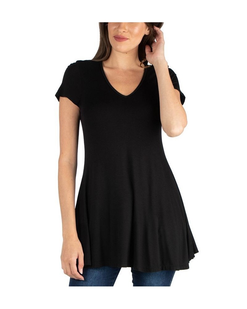 Women's Short Sleeve Loose Fit Tunic Top with V-Neck Black $15.96 Tops