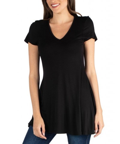 Women's Short Sleeve Loose Fit Tunic Top with V-Neck Black $15.96 Tops