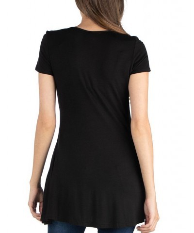 Women's Short Sleeve Loose Fit Tunic Top with V-Neck Black $15.96 Tops