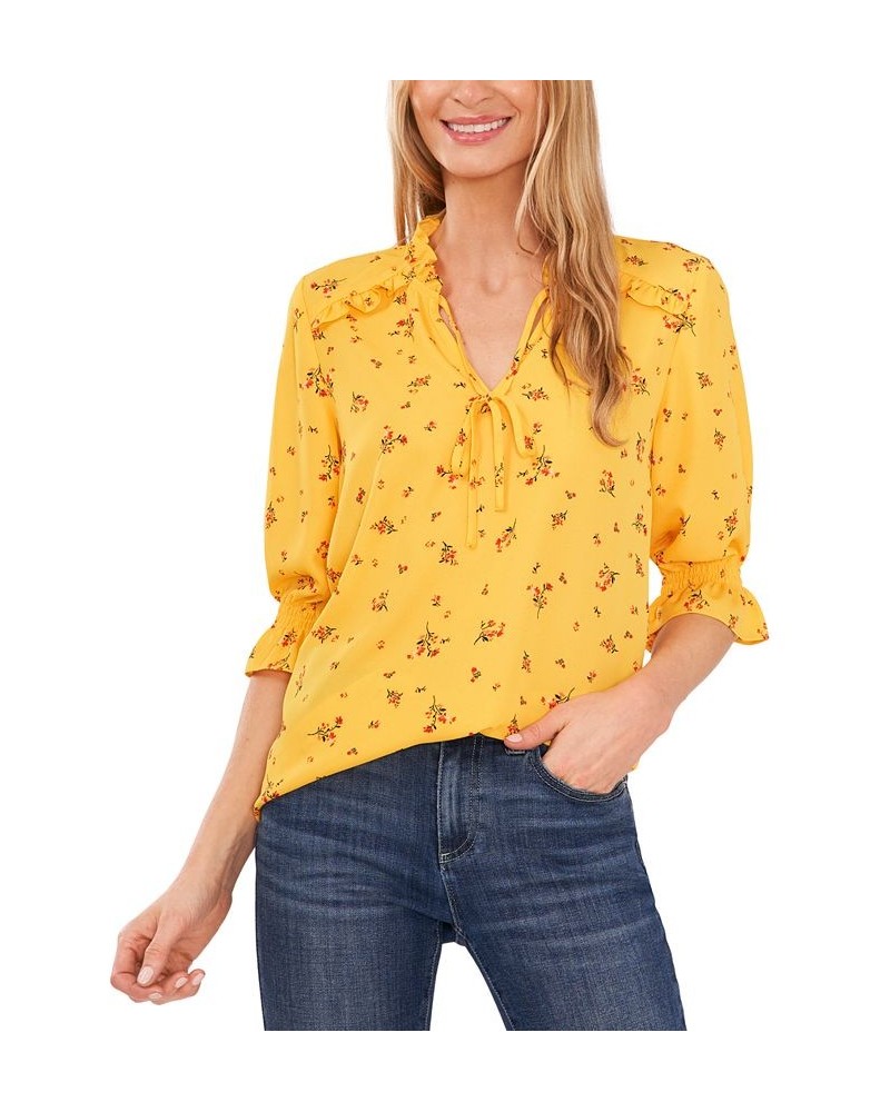 Women's Tie-Neck Floral-Print Blouse Gold $31.57 Tops