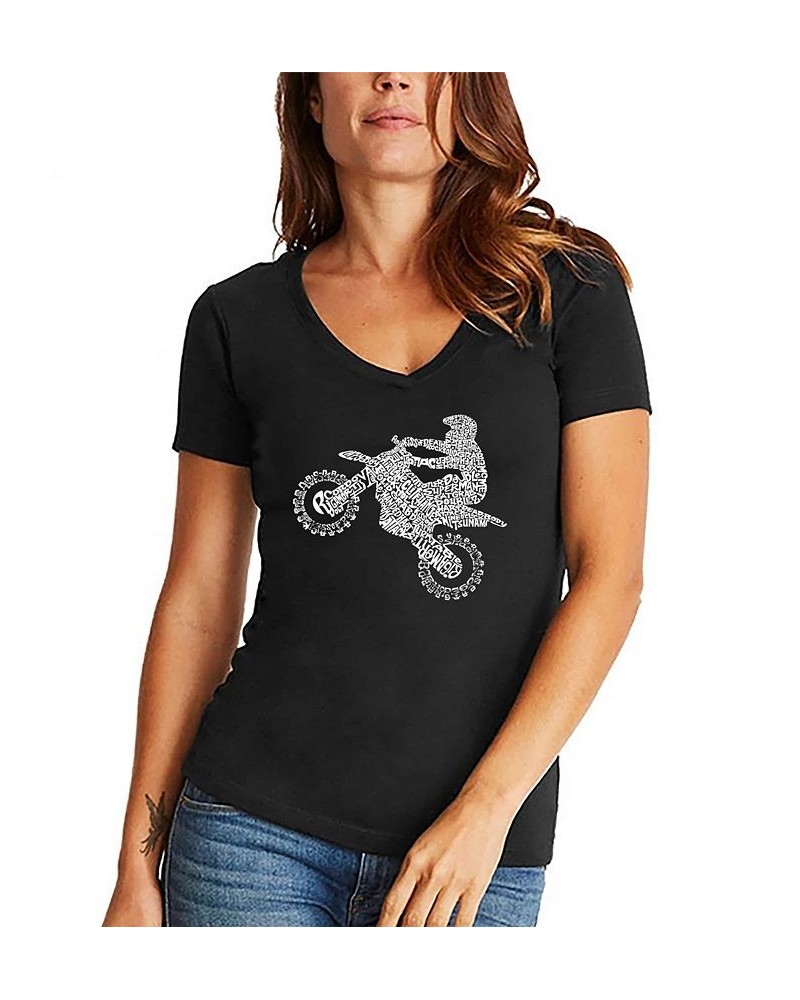 Women's Word Art Freestyle Motocross V-Neck T-Shirt Black $19.24 Tops