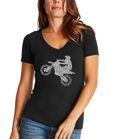 Women's Word Art Freestyle Motocross V-Neck T-Shirt Black $19.24 Tops