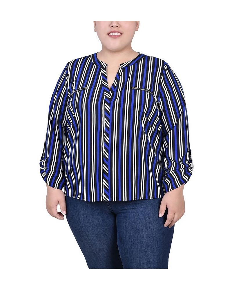 Plus Size Long Roll Tab Sleeve Zip Pocket Blouse Surf Black White Stripe $16.64 Tops