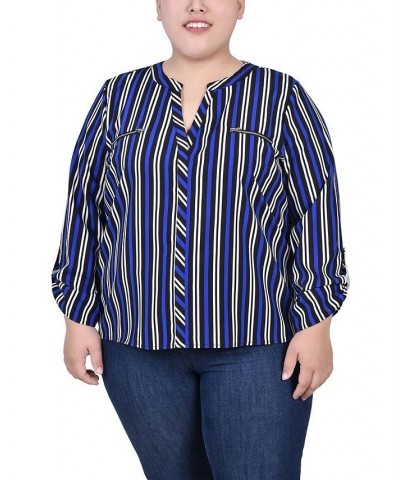 Plus Size Long Roll Tab Sleeve Zip Pocket Blouse Surf Black White Stripe $16.64 Tops