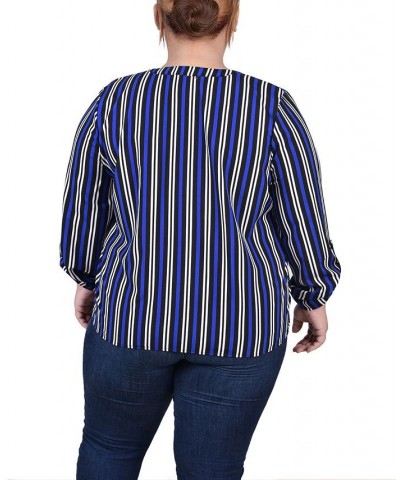 Plus Size Long Roll Tab Sleeve Zip Pocket Blouse Surf Black White Stripe $16.64 Tops