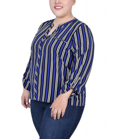 Plus Size Long Roll Tab Sleeve Zip Pocket Blouse Surf Black White Stripe $16.64 Tops