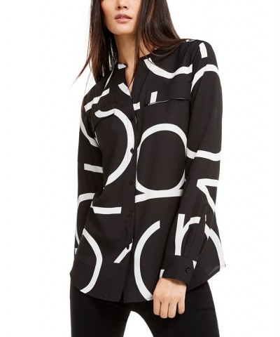 Long Sleeve Logo Button Front Blouse Black $40.55 Tops