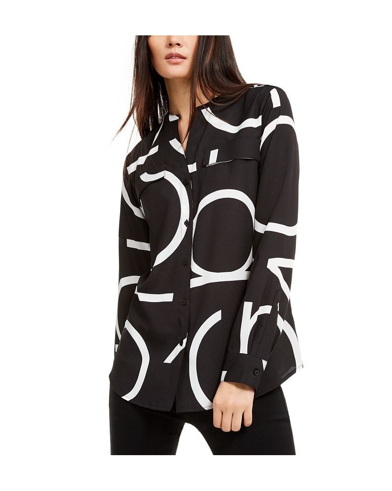 Long Sleeve Logo Button Front Blouse Black $40.55 Tops