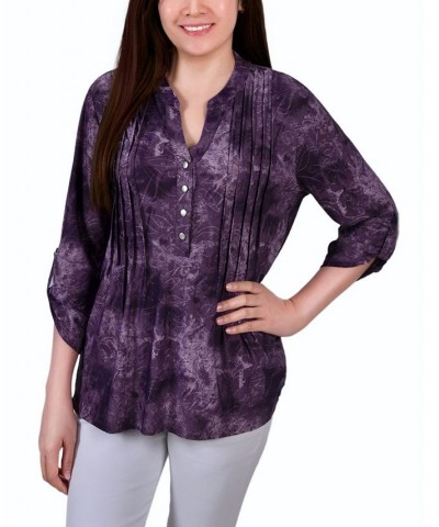 Women's 3/4 Roll Tab Sleeve Y-neck Top Gray Floral $15.36 Tops