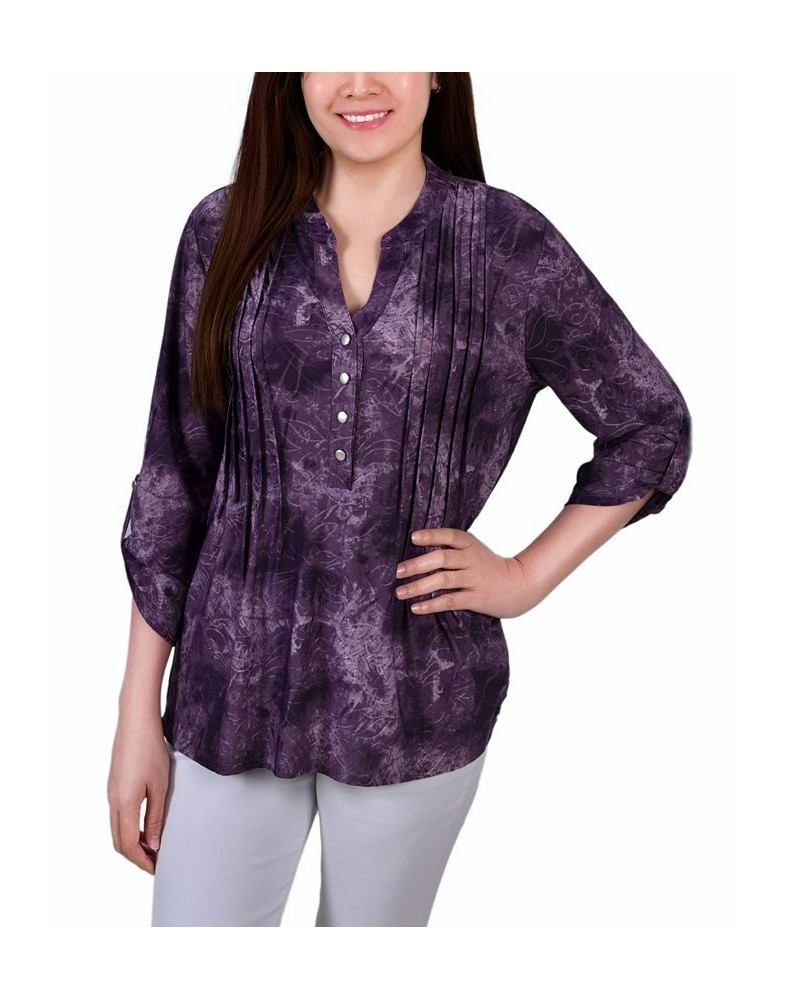 Women's 3/4 Roll Tab Sleeve Y-neck Top Gray Floral $15.36 Tops