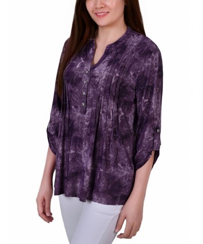 Women's 3/4 Roll Tab Sleeve Y-neck Top Gray Floral $15.36 Tops