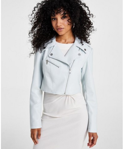 Women's Rochelle Cropped Faux-Leather Moto Jacket Blue $63.20 Jackets