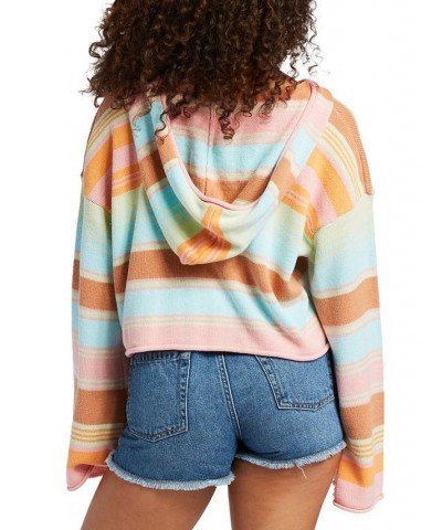 Juniors' Sunbaked Shores Long-Sleeve Cropped Hoodie Sunset Spectrum Stripe $45.36 Tops