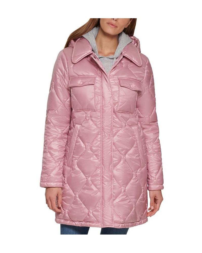 Women's Hooded Quilted Zip-Front Coat Pink $66.30 Coats