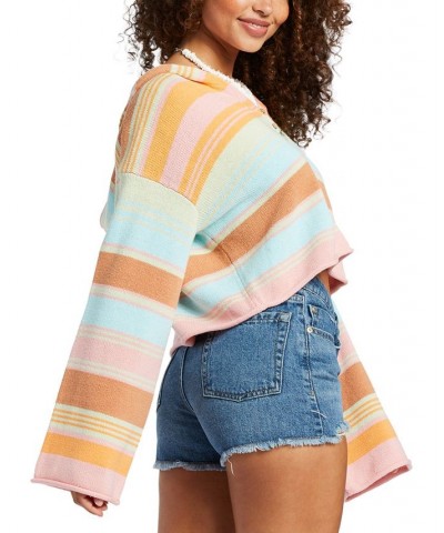 Juniors' Sunbaked Shores Long-Sleeve Cropped Hoodie Sunset Spectrum Stripe $45.36 Tops