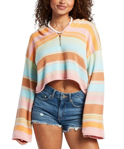 Juniors' Sunbaked Shores Long-Sleeve Cropped Hoodie Sunset Spectrum Stripe $45.36 Tops