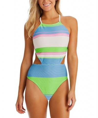 Women's Striped On The Horizon V-Front Cutout One-Piece Monokini Stripe Multi $40.80 Swimsuits