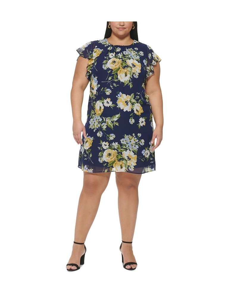 Plus Size Floral-Print Flutter-Sleeve Dress Navy Yellow $35.97 Dresses