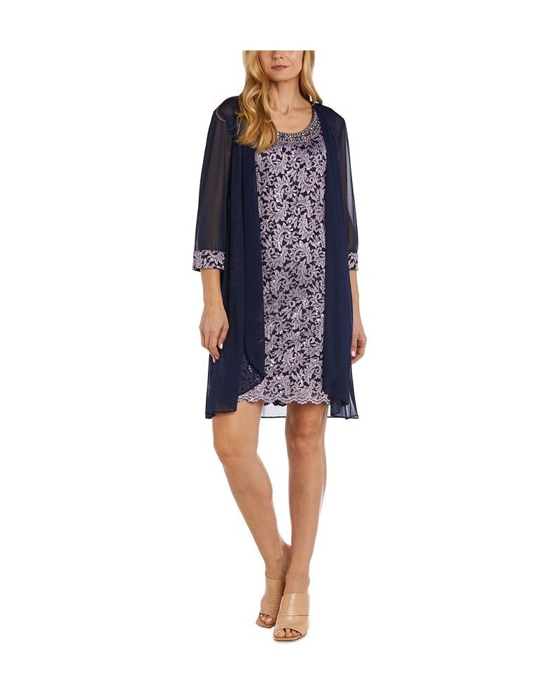 Petite Embellished Dress & Sheer Jacket Navy Lilac $43.09 Dresses