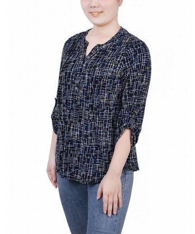 Petite 3/4 Roll Tab Sleeve Y-neck Top Black Royal Abstract Line $14.72 Tops