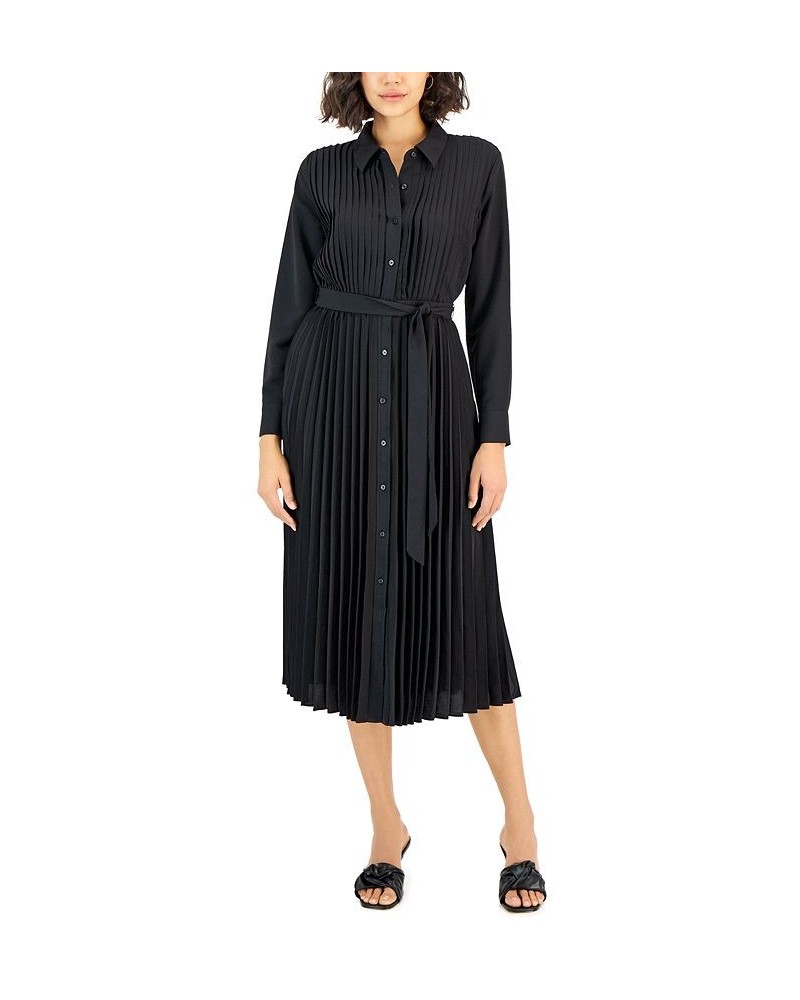 Women's Pleated Belted Midi Shirtdress Black $33.64 Dresses