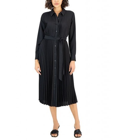 Women's Pleated Belted Midi Shirtdress Black $33.64 Dresses