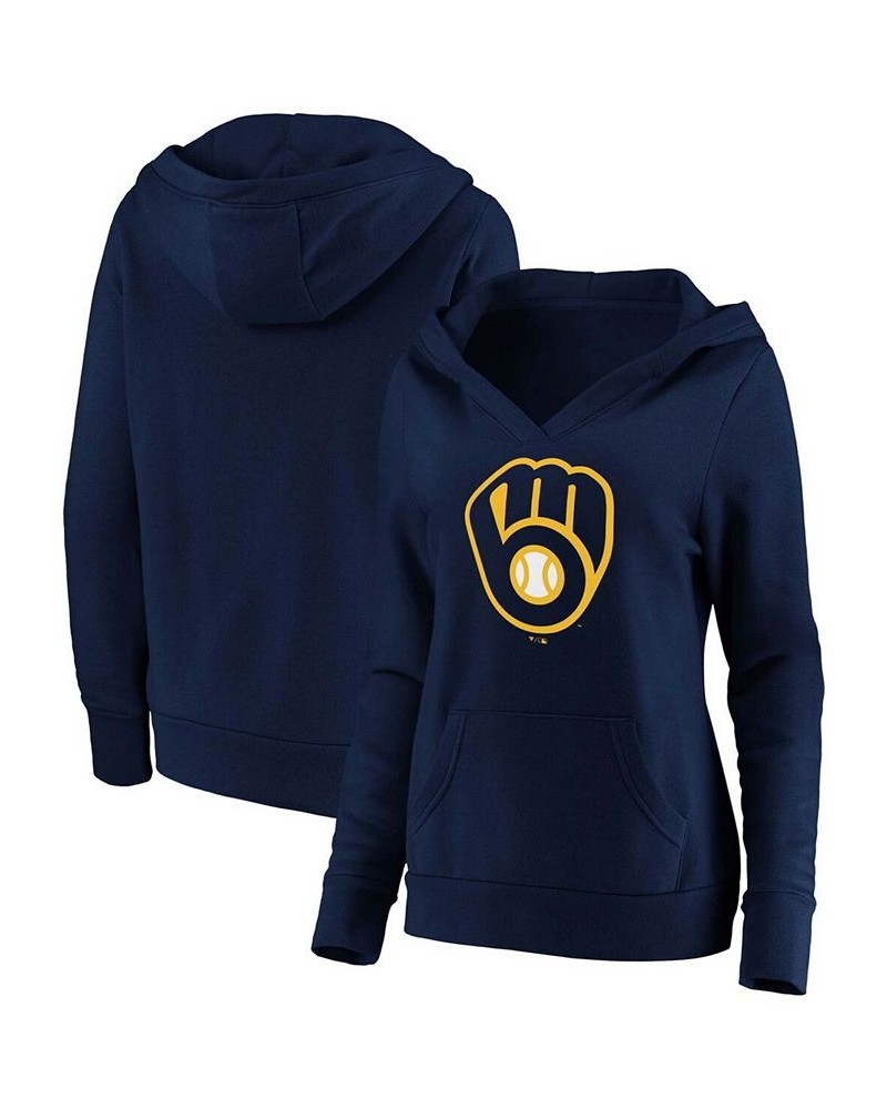 Plus Size Navy Milwaukee Brewers Official Logo Crossover V-Neck Pullover Hoodie Navy $35.20 Sweatshirts