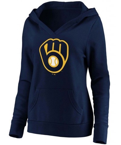 Plus Size Navy Milwaukee Brewers Official Logo Crossover V-Neck Pullover Hoodie Navy $35.20 Sweatshirts