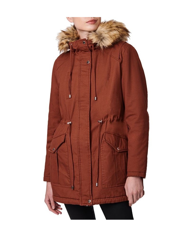 Juniors' Faux-Fur-Trim Hooded Anorak Coat Orange $29.61 Coats