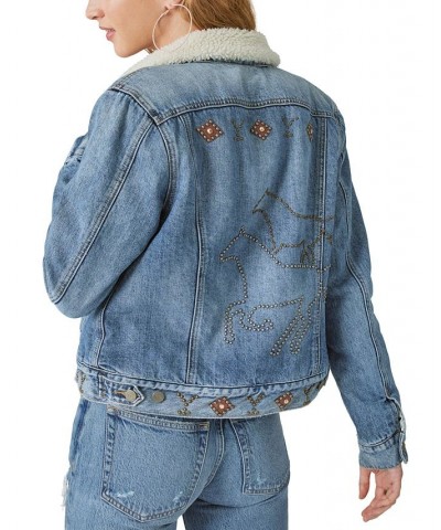 Women's Yellowstone Fleece-Lined Studded Denim Jacket Wild Horses $94.50 Jackets