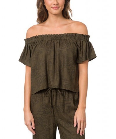 Juniors' Off-The-Shoulder Printed Top Green $20.80 Tops