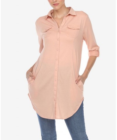 Women's Stretchy Button-Down Tunic Top Dusty Pink $14.76 Tops